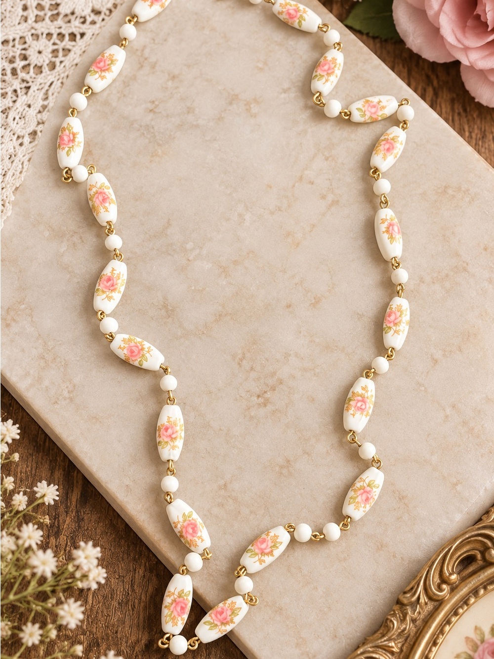 Vintage 1950s Pink Rose White Glass Bead Necklace – 18”